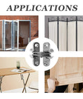 Applications of One And Three Quarters Inch Stainless Steel Hidden Hinge For Frameless Kitchen Cabinets, 180 Degree Invisible Cross Concealed Hinges with Screws, showing use in doors, screens, tables, and cabinets. Four Pack by Rierdge.