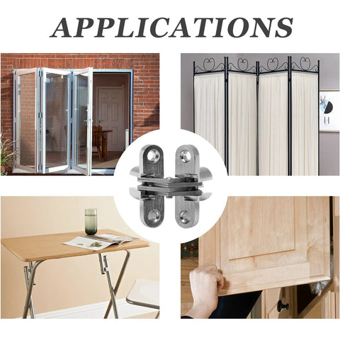Applications of One And Three Quarters Inch Stainless Steel Hidden Hinge For Frameless Kitchen Cabinets, 180 Degree Invisible Cross Concealed Hinges with Screws, showing use in doors, screens, tables, and cabinets. Four Pack by Rierdge.