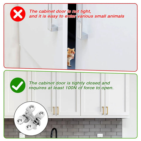 Comparison of cabinet doors opened and closed using Four Pack Stainless Steel 180 Degree Hidden Hinges For Doors And Cabinets.
