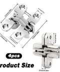 Four Pack Stainless Steel 180 Degree Hidden Hinges For Doors And Cabinets with dimensions, 1.7x1.4x0.47 inches displayed