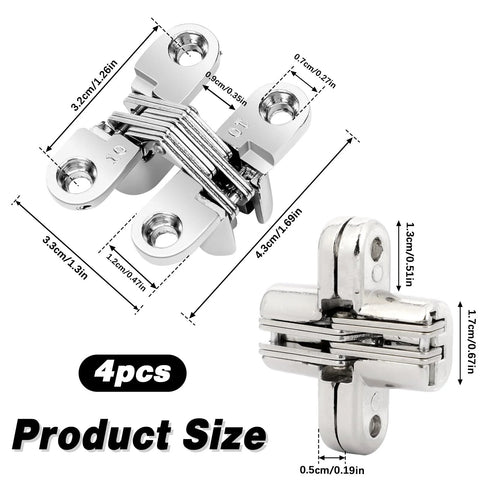 Four Pack Stainless Steel 180 Degree Hidden Hinges For Doors And Cabinets with dimensions, 1.7x1.4x0.47 inches displayed