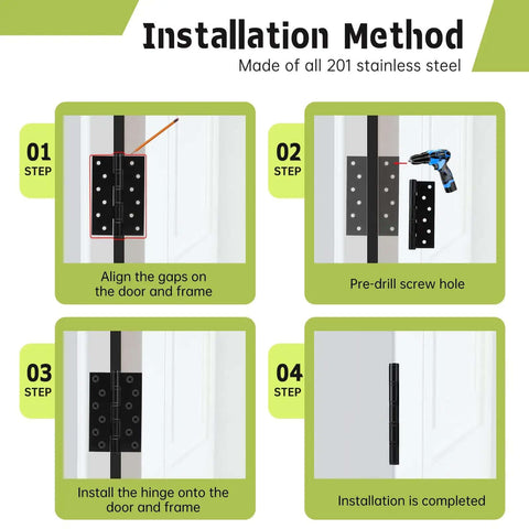 Four-step installation guide for Six Pack Black Door Hinges 6 Inch Ball Bearing Heavy Duty Stainless Steel Hinges with screws