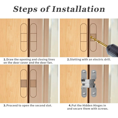 Installation steps for One And Three Quarters Inch Stainless Steel Hidden Hinge For Frameless Kitchen Cabinets