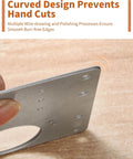Close-up of 12Pcs Upgraded Cabinet Hinge Repair Plate Kit showing curved stainless steel edge to prevent hand cuts.