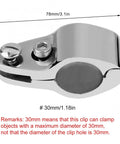 Side view of Tomotato stainless steel hinged upper-jaw slide clamp for boat rail, 30mm, marine grade 316, set of 2
