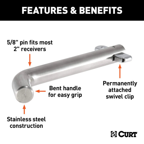 Image of Stainless Steel Five Eighth Inch Hitch Pin With Integrated Swivel Clip Pivot Lock No Clip Needed Heavy Duty Trailer Receiver Hardware For Built To Last Security And Quick Pin Access, showing pin features and benefits.
