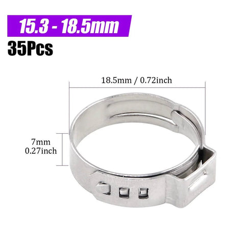 304 Stainless Steel Single Ear Hose Clamp Kit 35Pcs 15.3mm 18.5mm Crimp Ear Clamps Assortment For Automotive And Home Appliance Applications Durable Corrosion Resistant Reusable And Recyclable