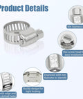 50 Pack Stainless Steel Hose Clamps One Quarter To One Half Inch Adjustable Worm Gear With Socket Wrench for Plumbing Automotive and Mechanical Applications Premium 304 Stainless Steel Corrosion Resistant Durable Heavy Duty Gear Clamp Set showing clamp details and features