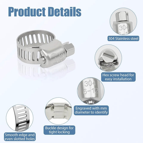 50 Pack Stainless Steel Hose Clamps One Quarter To One Half Inch Adjustable Worm Gear With Socket Wrench for Plumbing Automotive and Mechanical Applications Premium 304 Stainless Steel Corrosion Resistant Durable Heavy Duty Gear Clamp Set showing clamp details and features