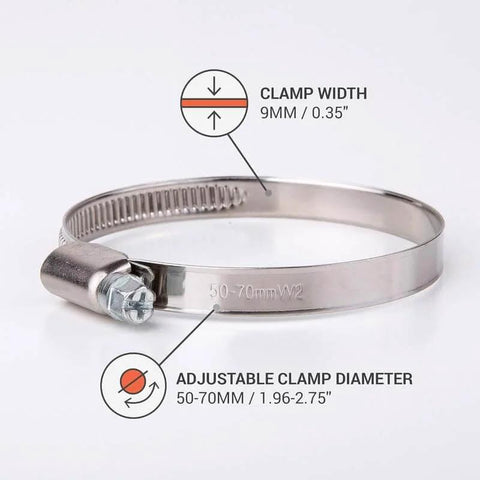 Pack Of Four Stainless Steel Hose Clamps With Worm Gear Adjustable Diameter From 1.96 To 2.75 Inches 50 To 70 Mm Ring Width 9 Mm