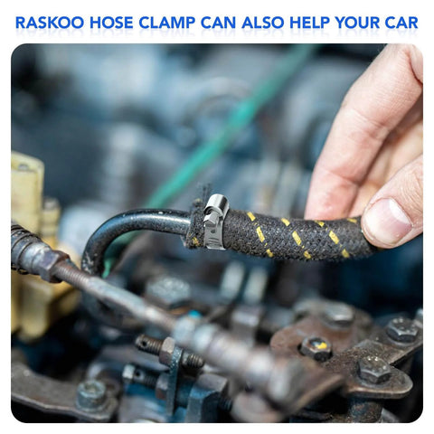 Close-up of 46 Piece Premium Adjustable Stainless Steel Hose Clamps Kit Featuring Seven Size Range for fuel line installation.