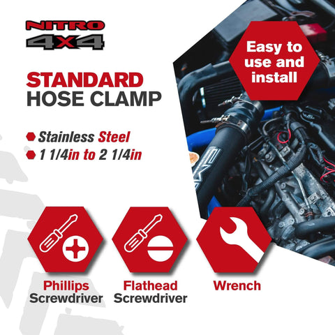 Stainless Steel Hose Clamps Set Two Adjustable Hose Clamps From One And A Quarter Inch To Two And A Quarter Inch 32 To 57 Mm Heavy Duty Radiator Fuel Line Plumbing Automotive Mechanical Applications in use, showing installation with tools.