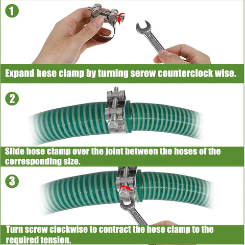 Instructional guide showing installation of Stainless Steel T Bolt Hose Clamps Set Of 14 In Seven Sizes Ranging From 17 To 39 Mm