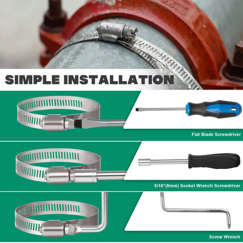 Large Ten Pack Stainless Steel Hose Clamps Two And A Half Inch Adjustable Worm Gear Duct Clamps For Radiator Dryer Vent Hose Fuel Line And Automotive Use Fits Forty Six To Seventy Millimeter Outer Diameter shown with installation tools on pipe