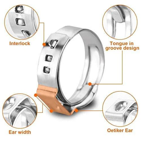 40 Pcs 15.3mm-18.5mm Single Ear Hose Clamps 304 Stainless Steel PEX Cinch Clamps close-up details showing design features