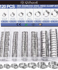 Qibaok 120 Piece Stainless Steel Hose Clamps Assortment Kit For Fuel Line Plumbing Automotive Mechanical Pipe Applications