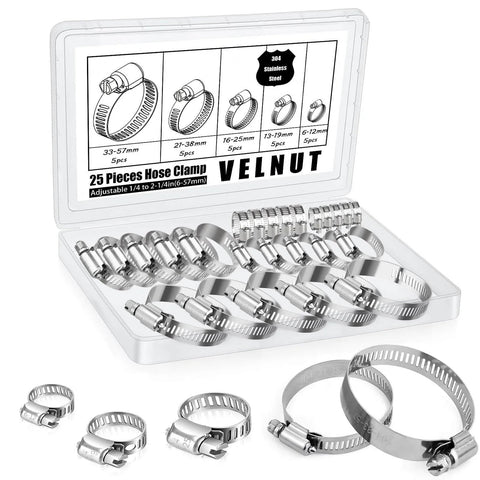 Stainless Steel Hose Clamps Assortment Kit Twenty Five Pieces Worm Gear Hose Clamp Adjustable From One Quarter Inch To Two And One Quarter Inch For Plumbing Automotive And Mechanical Applications Durable Corrosion Resistant 304 Stainless Steel