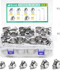 Stainless Steel T Bolt Hose Clamp Kit 32 Piece Set With Six Size Ranges 17 To 19mm 20 To 22mm 23 To 25mm 26 To 28mm 29 To 31mm 32 To 35mm Heavy Duty Adjustable Tube Clamps With M8 And M10 Socket Wrenches displayed in a plastic case with clamps and wrenches visible.
