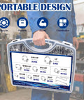 Person holding a portable 202 Pieces 304 Stainless Steel Hose Clamps Assortment Kit Adjustable Worm Gear Clamps 6 To 51 Millimeter