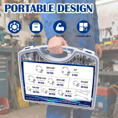 Person holding a portable 202 Pieces 304 Stainless Steel Hose Clamps Assortment Kit Adjustable Worm Gear Clamps 6 To 51 Millimeter
