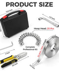 DIY Stainless Steel Hose Clamps Kit With 32.81 Ft Adjustable Strap And 20 Heavy Duty Worm Gear Fasteners, Includes 8.5 Inch Tin Snips, Rust-Proof 304 Stainless Steel For Plumbing Auto Fuel Line And Marine Repairs shown with components and case dimensions.
