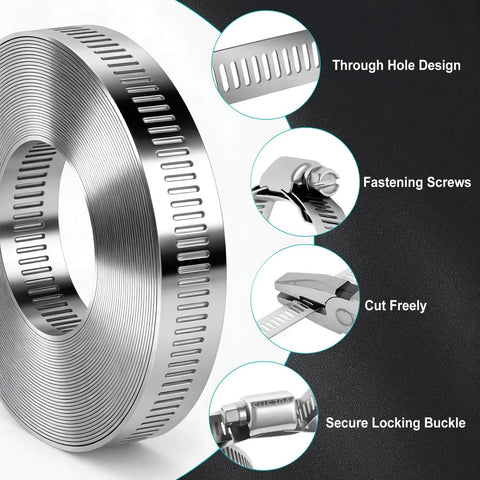 304 Stainless Steel Hose Clamps DIY Kit With 26 Foot Length Adjustable Metal Strap Clamps And 15 Fasteners detail view