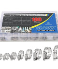 100 Pieces Adjustable 8-44mm 304 Stainless Steel Worm Gear Hose Clamps Assortment Kit in durable storage box with visible clamps.