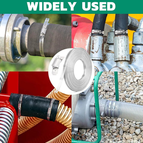 Ten Foot 304 Stainless Steel Hose Clamp Kit DIY Adjustable Worm Gear Metal Strapping With Holes And Eight Fasteners installed on pipes