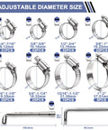 Hose Clamp Assortment 180 Pcs Stainless Steel Worm Gear Clamps Kit for Fuel Line Plumbing Automotive Mechanical Applications Pipe Tube Radiator Garden Size One Quarter Inch To Two Inches Corrosion Resistant Rustproof, showing different sizes with adjustable diameter.