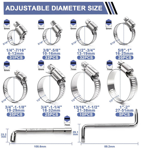 Hose Clamp Assortment 180 Pcs Stainless Steel Worm Gear Clamps Kit for Fuel Line Plumbing Automotive Mechanical Applications Pipe Tube Radiator Garden Size One Quarter Inch To Two Inches Corrosion Resistant Rustproof, showing different sizes with adjustable diameter.
