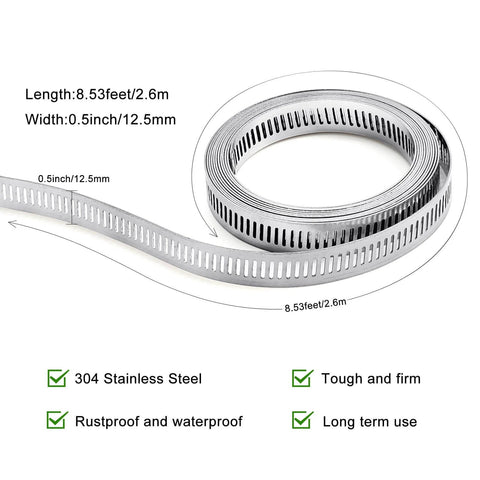 DIY Stainless Steel Hose Clamps Kit With 8.5 Feet Metal Strap And 6 Fasteners Large Adjustable Pipe Clamp For Automotive And Mechanical Applications Ideal For Repairing Hoses And Pipes In Engines showing 8.5 ft metal strap with measurements