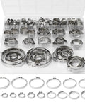 117 Piece 16 Size Single Ear Hose Clamp Kit In 304 Stainless Steel With Ear Clamps 6.5 To 48.5 Mm shown in storage case.