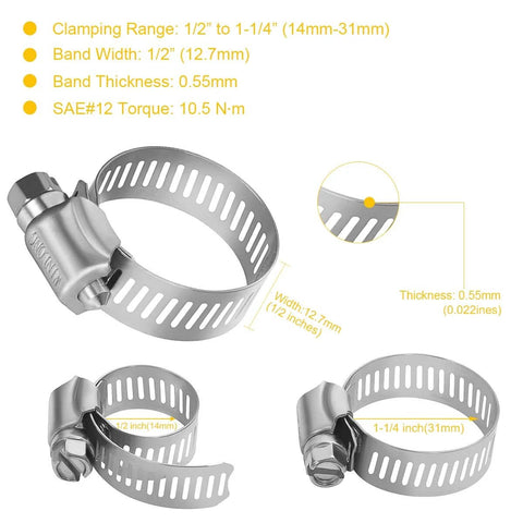 Stainless Steel Hose Clamps 16 Pack Worm Gear Drive SAE 12 Clamps Clamping Range From Half Inch To One And Quarter Inch 14mm To 31mm