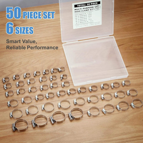 50 Piece 304 Stainless Steel Worm Gear Hose Clamp Assortment One Quarter Inch To One And One Half Inch 6 To 38 Mm Adjustable Pipe Clamps For Plumbing Automotive Marine And HVAC DIY Home And Garden Use