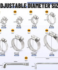 200 Piece Hose Clamp Set 304 Stainless Steel Adjustable Worm Gear Clamps From Quarter Inch To Two Inches 6 To 51 Mm shown in various sizes with tools