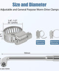 Image showing 50 Pack Stainless Steel Hose Clamps One Quarter To One Half Inch Adjustable Worm Gear With Socket Wrench for Plumbing Automotive and Mechanical Applications Premium 304 Stainless Steel Corrosion Resistant Durable Heavy Duty Gear Clamp Set with size measurements.