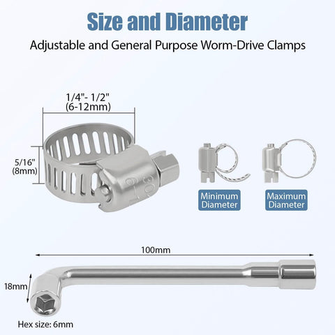 Image showing 50 Pack Stainless Steel Hose Clamps One Quarter To One Half Inch Adjustable Worm Gear With Socket Wrench for Plumbing Automotive and Mechanical Applications Premium 304 Stainless Steel Corrosion Resistant Durable Heavy Duty Gear Clamp Set with size measurements.