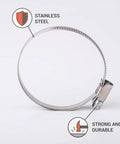 Close-up of a single stainless steel hose clamp with worm gear, 50-70 mm diameter, highlighted as strong and durable.
