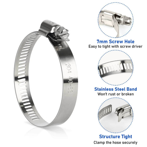 Hose Clamps Set Of Ten Stainless Steel Adjustable Worm Gear Clamps For Hoses From One And A Half Inch To Two And A Half Inch Ideal For Automotive Radiator Fuel Line And Mechanical Systems With Assorted Sizes From Quarter Inch To Six Inch