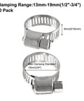 30 Pack Stainless Steel Hose Clamps Adjustable One Half Inch To Three Quarter Inch 304 Stainless Steel Worm Gear Drive Pipe Tube Clamps For Plumbing Automotive And Mechanical Applications shown in clamping range view.