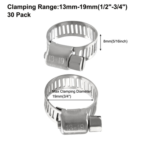 30 Pack Stainless Steel Hose Clamps Adjustable One Half Inch To Three Quarter Inch 304 Stainless Steel Worm Gear Drive Pipe Tube Clamps For Plumbing Automotive And Mechanical Applications shown in clamping range view.