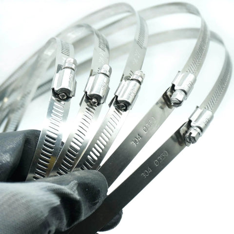 Close-up of 5 Pack 15.7 Inch Large Hose Clamps Stainless Steel Pipe Clamp Adjustable Worm Gear Hose Clamps Heavy Duty Metal