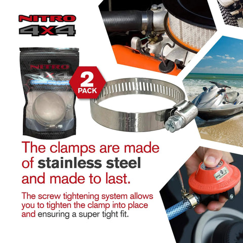 Stainless Steel Hose Clamps Set Two Adjustable Hose Clamps From One And A Quarter Inch To Two And A Quarter Inch 32 To 57 Mm Heavy Duty Radiator Fuel Line Plumbing Automotive Mechanical Applications, shown with packaging and use examples.