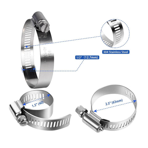 Close-up of 6 Pack Stainless Steel Hose Clamps Adjustable From 1.5 To 2.5 Inches 40 To 63 Mm Worm Gear Clamps with socket wrench