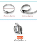 100 Pack Stainless Steel Worm Gear Hose Clamps 6 To 12 Mm Adjustable Fuel Line Clamps 304 Stainless Steel Corrosion Resistant