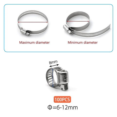100 Pack Stainless Steel Worm Gear Hose Clamps 6 To 12 Mm Adjustable Fuel Line Clamps 304 Stainless Steel Corrosion Resistant
