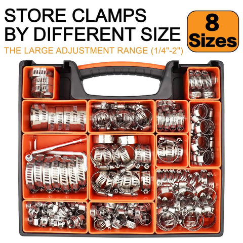 Open case of 210 Piece 304 Stainless Steel Hose Clamps Assortment Kit From One Quarter Inch To Two Inch Worm Gear Hose Clamps For Radiator Heater Automotive Mechanical Applications Pipe Tube Coolant Garden