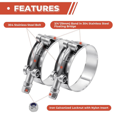 6 Pack 1 Inch T Bolt Hose Clamps Stainless Steel 304 Heavy Duty Leak Proof Clamp Set Fits 32mm To 37mm Band Range For 1 Inch Hose Id Turbo Intake Intercooler Applications In Automotive, showing stainless steel bolts and locknut with nylon insert.