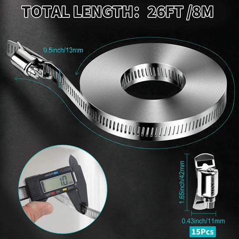 304 Stainless Steel Hose Clamps DIY Kit With 26 Foot Length Adjustable Metal Strap Clamps And 15 Fasteners