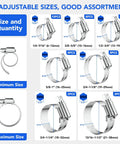 46 Piece Premium Adjustable Stainless Steel Hose Clamps Kit Featuring Seven Size Range From Quarter Inch To One And One Half Inch For Fuel Line Plumbing Automotive And Mechanical Applications Long Lasting Worm Gear Clamps displayed with sizes and quantity details.